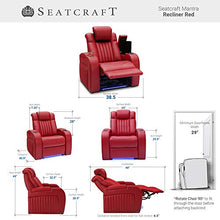Load image into Gallery viewer, Seatcraft Mantra Home Theater Seating - Power Recline Chair - Leather - Adjustable Headrest and Lumbar Support - Cup Holders - USB Charging - Storage - SoundShaker - Ambient Lighting (Single, Red)
