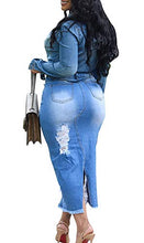 Load image into Gallery viewer, Voghtic Sexy Plus Size Blue Denim Skirt Distressed Ripped High Waisted Bodycon Midi Skirts with Slit
