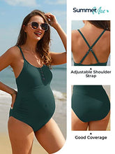 Load image into Gallery viewer, Summer Mae Maternity Swimsuit One Piece Bathing Suit Button Neck Cross Back Green S
