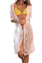 Load image into Gallery viewer, CUPSHE Women's V Neck Shirring Swimsuit Lace Cardigan Floral Crochet Sheer Bathing Suit Cover Up
