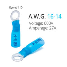 Load image into Gallery viewer, Wirefy 130 PCS Heat Shrink Ring Terminals #10 - Marine Grade Ring Connectors - Eyelet Wire Connectors - Blue 16-14 AWG
