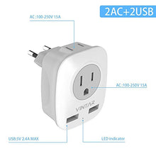 Load image into Gallery viewer, [2-Pack] European Travel Plug Adapter, VINTAR International Power Adaptor with 2 USB Ports,2 American Outlets- 4 in 1 Outlet Adapter,Travel Essentials to Italy,Greece,Israel,France, Spain (Type C)
