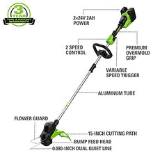 Load image into Gallery viewer, Greenworks 48V 15" Cordless String Trimmer, (2) 2.0Ah USB Batteries (USB Hub) and Dual Port Rapid Charger Included (2 x 24V)
