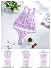 Load image into Gallery viewer, Kaei&amp;Shi Sexy Bra and Panty Sets,Plunge Scalloped Floral Lace Lingerie for Women,Halter Racerback Bralette Matching Two Piece Lingerie Set Boudoir Purple Large
