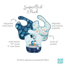 Load image into Gallery viewer, Bumkins SuperBib, Baby Bib, Waterproof, Washable Fabric, Fits Babies and Toddlers 6-24 Months - Hangry, Dinosaurs, Blue Tropic (3-Pack)
