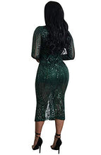 Load image into Gallery viewer, Womens Sequin Dress Geometric Tattoo Floral See Through Patchwork Bodycon Clubwear Mini Dress Dark Green Small/US 0-2
