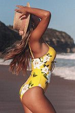 Load image into Gallery viewer, CUPSHE Women's One Piece Swimsuit Yellow Floral Print Lace Up Bathing Suit, XS
