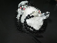 Load image into Gallery viewer, Black Onyx AAA, Labradorite AAA*, Moonstone AAA and Rhodochrosite A Hand-Knotted Mala (108 and Guru), Necklace, Bracelet 7-mm Beads 1161
