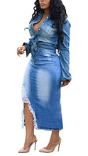 Load image into Gallery viewer, Women's Casual Distressed Ripped Denim Jean Midi Bodycon Skirt Plus Size Blue
