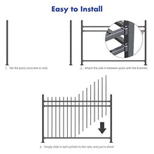 Load image into Gallery viewer, XCEL - Black Steel Anti-Rust Fence Panel - Flat End Picket - 6.5ft W x 5ft H - Easy Installation Kit, Outdoor Residential Fencing for Yard, Garden, Concrete, 3-Rail Metal Fence, Include a Fence Post
