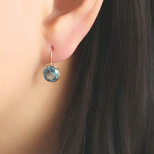 Load image into Gallery viewer, 14K Gold Blue Earrings - 14K Solid Yellow Gold Round Shape Dangle Drop Earrings, 8mm Light Blue Circle Cubic Zirconia CZ Gemstone Jewelry - Simple Handmade Gift for Classy Women
