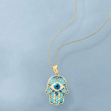 Load image into Gallery viewer, Ross-Simons Blue Enamel Hamsa Hand Pendant Necklace in 14kt Yellow Gold
