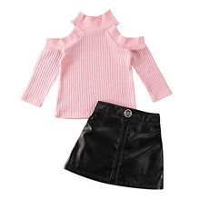 Load image into Gallery viewer, Kids Baby Girls Outfits Off Shoulder Sweater Tops+PU Leather Mini Skirt 2PCS Set Winter Clothes(Pink+Black, 18Months-2 T)
