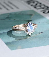Load image into Gallery viewer, 2pcs Pear shaped moonstone engagement ring Rose gold Unique vintage halo diamond/moissanite wedding women Bridal half eternity Promise gift, Bridal Promise Anniversary gift,gift for her, women’s ring
