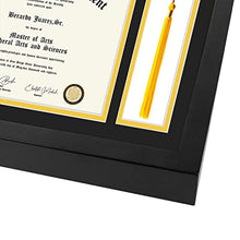 Load image into Gallery viewer, Golden State Art, Diploma Frame with Tassel Holder, 11x22 Wood Frame for 8.5x11 Document/Certificate,4x6 Photo with Double Mat (Black Over Gold), Real Glass, Black Shadow Box
