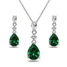 Load image into Gallery viewer, Sterling Silver Synthetic Green Quartz &amp; White Topaz Pear-Cut Teardrop Dangling Stud Earrings &amp; Necklace Set
