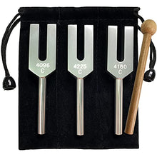 Load image into Gallery viewer, SINYI Angel Tuning Forks Set for Healing - 4096 Hz 4160 Hz 4225 with Wooden Hammers Triker, Velvet storage bag and Cleaning Cloth
