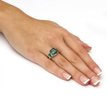 Load image into Gallery viewer, Sterling Silver Emerald Cut Simulated Green Emerald 3-Stone Ring Size 8

