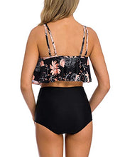 Load image into Gallery viewer, COSKAKA Women's High Neck Two Piece Bathing Suits Top Ruffled High Waist Swimsuit Tankini Bikini Sets Green &amp; Leaves L
