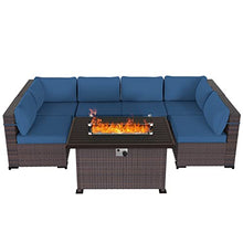 Load image into Gallery viewer, Gotland 8 Piece Outdoor Patio Furniture Set with Gas Fire Pit Table Patio Furniture Sectional Sofa w/43in Propane Fire Pit, 50,000 BTU Auto-Ignition Firepit w/Glass Wind Guard (Dark Blue)
