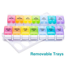 Load image into Gallery viewer, AM PM Weekly 7 Day Pill Organizer, Sukuos Large Daily Pill Cases Pill Box with Easy Push Button Design for Pills/Vitamin/Fish Oil/Supplements (Rainbow)
