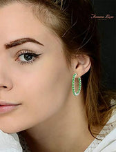Load image into Gallery viewer, Femme Luxe Natural 5.00 Carat Round Emerald Inside-Out 925 Sterling Silver Hoop Earrings, Birthstone Eternity Hoop Earrings
