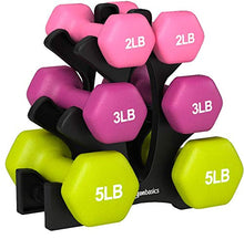 Load image into Gallery viewer, AmazonBasics Neoprene Workout Dumbbell Hand Weights, 20 Pounds Total, Pink/Purple/Green - 3 Pairs (2-Lb, 3-Lb, 5-Lb) &amp; Weight Rack
