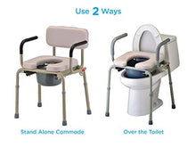 Load image into Gallery viewer, NOVA Medical Products Drop Arm Commode with Padded Seat and Back, Drop Down Arms for Easy Transfer, Stand Alone Bed Side Commode and Over The Toilet Commode, Comes with Bucket, Lid and Slash Guard
