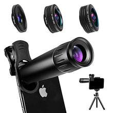 Load image into Gallery viewer, Phone Camera Lens Phone Lens 22X Telephoto Lens, 4K HD 0.67X Super Wide Angle Lens&amp;25X Macro Lens, 205° Fisheye Lens, Work as Telescope with Metal Tripod
