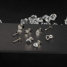 Load image into Gallery viewer, Magitaco 9 Pairs Stud Earrings Surgical Steel Dainty Small Heart Moon and Star Earrings Minimalist Geometric CZ Silver Ball and Triangle Earrings Sets for Women Men
