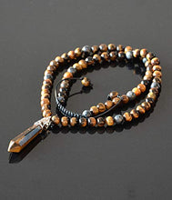 Load image into Gallery viewer, Point Pendant Long Beaded Necklace for Men Brown Tigers Eye and Labradorite Natural Stone Healing Crystal Jewelry 26 inches long
