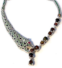 Load image into Gallery viewer, Splendid Tiger Necklace with Genuine Solid Black OPAL (11 Gems), EMERALD (30 Gems), TSAVORITE and RUBY Natural Gemstones, 14k White GOLD, Superb Fine 'Cartier' Style Jewelry.
