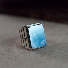 Load image into Gallery viewer, Thanksgiving gift for jewelry, cabochon larimar ring, genuine pectolite larimar ring, solid 925 sterling silver ring, signet heavy silver ring, designer statement ring, men's gemstone ring

