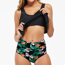 Load image into Gallery viewer, Women's Bikini Swimsuit with High Waisted Bottom Tankini Ruffled Flounce Top Two Piece Sets Bathing Flowy Suits Floral Printed Beach Ladies Plus Size Swimwear Black S
