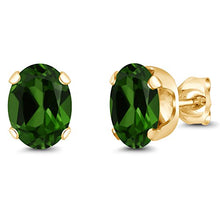 Load image into Gallery viewer, Gem Stone King 2.40 Ct 8x6mm Green Chrome Diopside 18K Yellow Gold Plated Silver Stud Earrings
