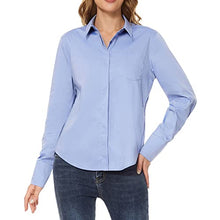 Load image into Gallery viewer, Dwirapal Women’s Stretchy Button Down Long Sleeve Shirts Casual Button Up Collar Slim Fit Office Work Blouse (Small, Denim Blue)
