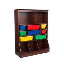 Load image into Gallery viewer, KidKraft Wooden Wall Storage Unit with 8 Plastic Bins and 13 Compartments, Espresso, Gift for Ages 3+
