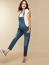 Load image into Gallery viewer, Motherhood Maternity Women's Maternity Indigo Blue Side Panel Skinny Ankle Length Denim Overalls, Medium wash, Large
