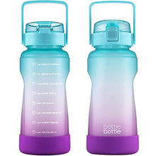 Load image into Gallery viewer, BOTTLE BOTTLE Half Gallon/64 oz Water Bottle with Straw Big Handle Protective Silicone Boot Sports Water Bottle with Time Marker Leak Proof Reusable Water Jug for Adult and Kids (blue purple)
