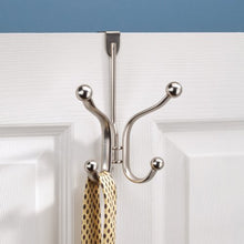 Load image into Gallery viewer, iDesign Axis Metal Over the Door Quad Hook Hanger for Coats, Jackets, Hats, Robes, Towels, Ideal for Bathroom, Bedroom, Mudroom, Satin Silver
