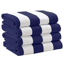 Load image into Gallery viewer, 4 Pack Plush Velour 100% Cotton Beach Towels. Cabana Stripe Pool Towels for Adults. (Navy, 4 Pack- 30" x 60")
