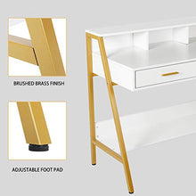 Load image into Gallery viewer, Modern Writing Desk with Hutch - 39” x 19” Workstation Computer Work Study Table for Home Office Furniture Vanity Make Up Desk, 3 Tier Storage Shelf and 2 Drawers (White/Gold)
