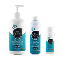 Load image into Gallery viewer, All Good Sport Mineral Face &amp; Body Sunscreen - UVA/UVB Broad Spectrum, Water Resistant, Coral Reef Friendly, Gluten-Free - SPF 30 16 oz Pump, SPF 30 Sport Spray, SPF 50 Sport Butter Stick
