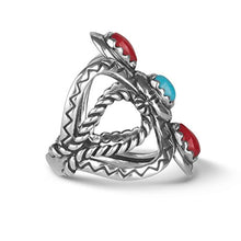 Load image into Gallery viewer, American West Sterling Silver Red Coral and Blue Turquoise Gemstone Twisted Rope &amp; Zigzag Motif Ring Size 07
