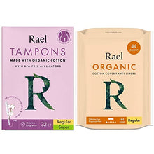 Load image into Gallery viewer, Rael Period Bundle - BPA-Free Plastic Applicator Tampon (Regular &amp; Super, 32 Count) &amp; Organic Cotton Cover Regular Liners (40 Count)
