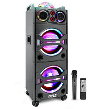 Load image into Gallery viewer, Pyle Portable Bluetooth PA Speaker System - 2000W Active powered Outdoor Bluetooth Speaker Portable PA System w/ Microphone In, Party Lights, USB SD Card Reader, AUX/RCA/FM Radio, Wheels - PSUFM1043BT
