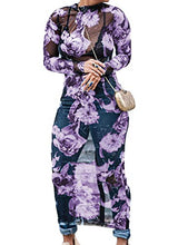 Load image into Gallery viewer, xxxiticat Women's Floral Sheer See Through Dress Transparent Flower Printed Long Sleeve Cocktail Party Clubwear Mesh Dresses(PE,2XL) Purple
