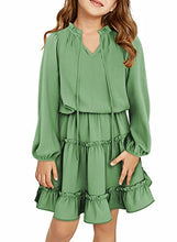 Load image into Gallery viewer, blibean Girl Fall Long Sleeve Dress Tween Kid Tiered Aline Dresses Maxi Boho Midi Dress Bohemian Solid Flowy Swing Clothes Size 4-5 Years Small Green
