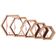 Load image into Gallery viewer, Hexagon Floating Shelves,Wall Mounted Wood Farmhouse Storage Honeycomb Wall Shelf Set of 5,for Bathroom, Kitchen, Bedroom, Living Room,Office,Driftwood Finish (Carbonized Black)
