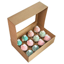 Load image into Gallery viewer, [20-Packs] Brown Cupcake Boxes 12 Holders,ONE MORE Cake Carrier Food Grade Kraft Pop-up Bakery Boxes 13.8 x 9.5 x 4inch with Inserts and PVC Windows Fits 12 Cavity Cupcake or Muffins Pack of 20
